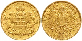 Reichsgoldmünzen, Hamburg
10 Mark 1890 J. vorzüglich