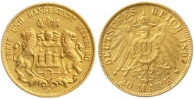 Reichsgoldmünzen, Hamburg
20 Mark 1897 J. vorzüglich