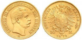 Reichsgoldmünzen, Hessen, Ludwig III., 1848-1877
20 Mark 1872 H. vorzüglich, winz. Randfehler und etwas gereinigt