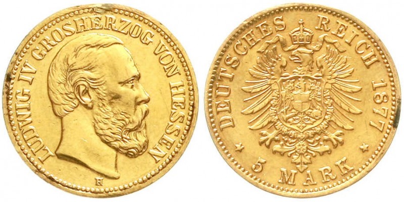 Reichsgoldmünzen, Hessen, Ludwig IV., 1877-1892
5 Mark 1877 H. sehr schön/vorzü...