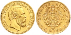 Reichsgoldmünzen, Hessen, Ludwig IV., 1877-1892
5 Mark 1877 H. sehr schön/vorzüglich, Fassungsspuren, berieben
