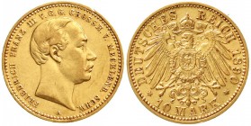 Reichsgoldmünzen, Mecklenburg/-Schwerin, Friedrich Franz III., 1883-1897
10 Mark 1890 A. sehr schön/vorzüglich, winz. Randfehler