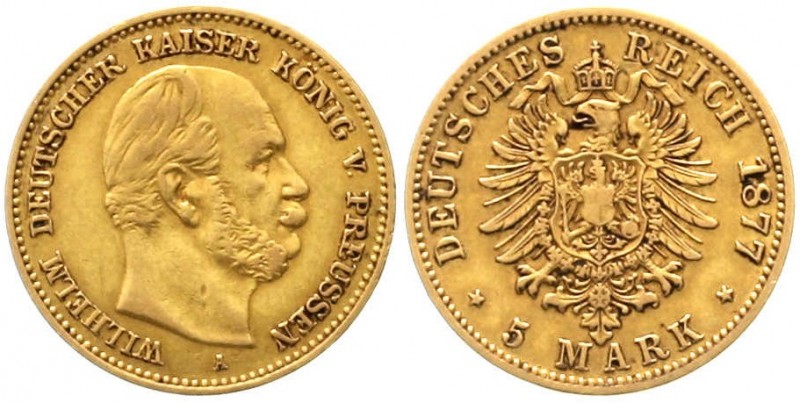 Reichsgoldmünzen, Preußen, Wilhelm I., 1861-1888
5 Mark 1877 A. fast sehr schön...