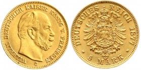 Reichsgoldmünzen, Preußen, Wilhelm I., 1861-1888
5 Mark 1877 C. fast Stempelglanz, selten in dieser Erhaltung
