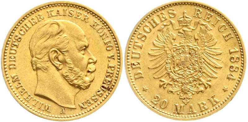 Reichsgoldmünzen, Preußen, Wilhelm I., 1861-1888
20 Mark 1884 A. vorzüglich/Ste...