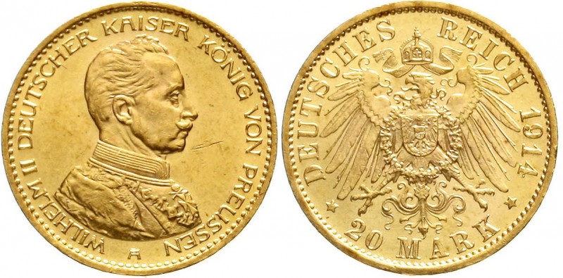 Reichsgoldmünzen, Preußen, Wilhelm II., 1888-1918
20 Mark 1914 A. Kaiser in Uni...