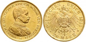 Reichsgoldmünzen, Preußen, Wilhelm II., 1888-1918
20 Mark 1914 A. Kaiser in Uniform. 
vorzüglich/Stempelglanz, kl. Kratzer