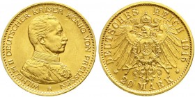 Reichsgoldmünzen, Preußen, Wilhelm II., 1888-1918
20 Mark 1915 A. Kaiser in Uniform. 
vorzüglich/Stempelglanz, kl. Kratzer, selten