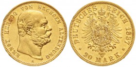 Reichsgoldmünzen, Sachsen/-Altenburg, Ernst, 1853-1908
20 Mark 1887 A. vorzüglich, winz. Schleifspur am Rand, selten