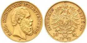 Reichsgoldmünzen, Württemberg, Karl, 1864-1891
10 Mark 1873 F. sehr schön, winz. Randfehler