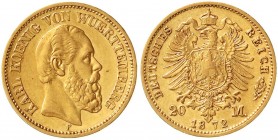 Reichsgoldmünzen, Württemberg, Karl, 1864-1891
20 Mark 1872 F. vorzüglich, min. berieben