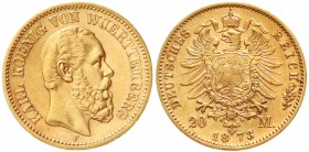Reichsgoldmünzen, Württemberg, Karl, 1864-1891
20 Mark 1873 F. vorzüglich/Stempelglanz