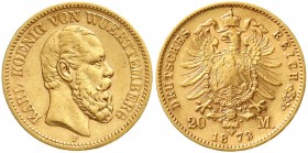 Reichsgoldmünzen, Württemberg, Karl, 1864-1891
20 Mark 1873 F. sehr schön/vorzüglich