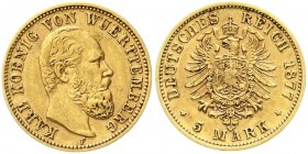 Reichsgoldmünzen, Württemberg, Karl, 1864-1891
5 Mark 1877 F. sehr schön/vorzüglich