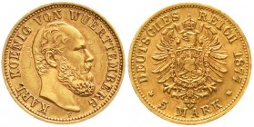 Reichsgoldmünzen, Württemberg, Karl, 1864-1891
5 Mark 1877 F. Kratzer und kl. Randfehler, sonst vorzüglich