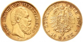 Reichsgoldmünzen, Württemberg, Karl, 1864-1891
10 Mark 1875 F. sehr schön, kl. Randfehler