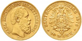 Reichsgoldmünzen, Württemberg, Karl, 1864-1891
10 Mark 1876 F. vorzüglich/Stempelglanz