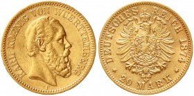 Reichsgoldmünzen, Württemberg, Karl, 1864-1891
20 Mark 1874 F. vorzüglich