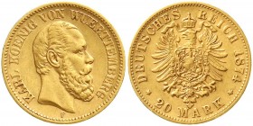 Reichsgoldmünzen, Württemberg, Karl, 1864-1891
20 Mark 1874 F. fast vorzüglich