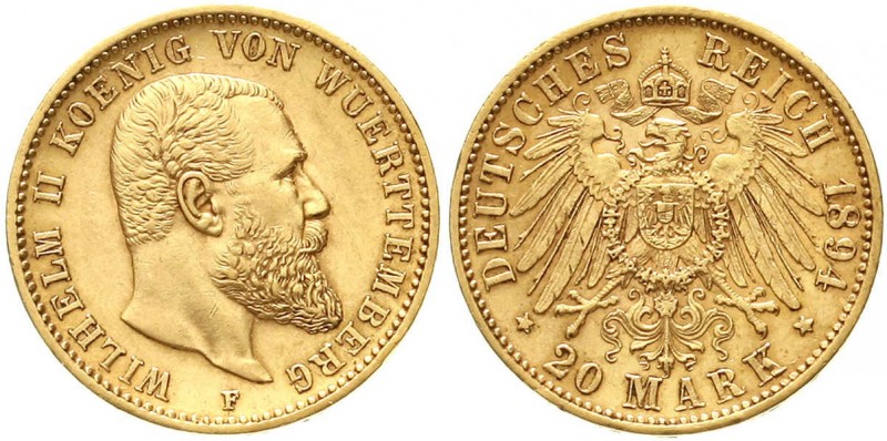 Reichsgoldmünzen, Württemberg, Wilhelm II., 1891-1918
20 Mark 1894 F. vorzüglic...