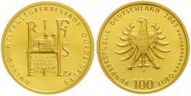 Goldmünzen der Bundesrepublik Deutschland, Euro, Gedenkmünzen, ab 2002
100 Euro 2003 D, Quedlinburg. 1/2 Unze Feingold. In Originalschatulle mit Zert...