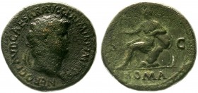 Römische Münzen, Kaiserzeit, Nero 54-68
Sesterz 65 Rom. Belorb. Brb. r./SC ROMA. Roma thront l. mit Victoriola. 
schön/sehr schön, korrodiert
