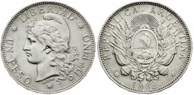 Ausländische Münzen und Medaillen, Argentinien, Republik, seit 1881
Peso 1882. sehr schön/vorzüglich, Randfehler