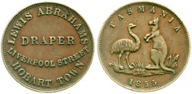 Ausländische Münzen und Medaillen, Australien, Victoria, 1837-1901
1/2 Penny Token 1855 Tasmania. Lewis Abrahams Draper, Hobart Town. 
sehr schön, R...