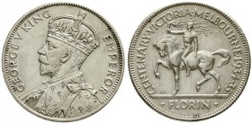 Ausländische Münzen und Medaillen, Australien, Georg V., 1910-1936
Florin 1934/35. Centennial of Victoria and Melbourne. 
sehr schön/vorzüglich, sel...