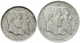 Ausländische Münzen und Medaillen, Belgien, Leopold II., 1865-1909
2 Stück: 1 und 2 Francs 1880. 50 J. Unabhängigkeit. 
vorzüglich und sehr schön, R...