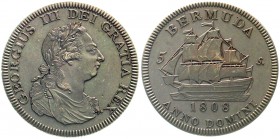 Ausländische Münzen und Medaillen, Bermuda, Britisch, seit 1620
Fantasy-Crown (5 Shillings) 1808 Segelschiff. Kupfer, bronziert. 41 mm. Spätere Prägu...