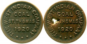 Ausländische Münzen und Medaillen, Dänisch-Westindien, Marken und Zeichen
2 X Kupfermarke 1920 The West Indian Company Coal St. Thomas. Je 25 mm, ein...