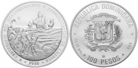 Ausländische Münzen und Medaillen, Dominikanische Republik, seit 1844
100 Pesos 1988. Entdeckung Amerikas/Eingeborene begrüssen die Flotte. 5 Unzen S...