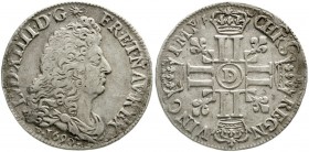 Ausländische Münzen und Medaillen, Frankreich, Ludwig XIV., 1643-1715
1/2 Ecu aux 8 L 1690 D, Lyon. sehr schön