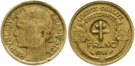 Ausländische Münzen und Medaillen, Frankreich, Etat Francais, 1940-1944
1 Franc Al/Bro 1941 mit Gegenstempel Doppelbalken über der Wertziffer (vermut...