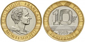 Ausländische Münzen und Medaillen, Frankreich, Fünfte Republik, seit 1958
10 Francs Bimetall mit Inschrift ESSAI 1989. 300. Geburtstag von Montesquie...