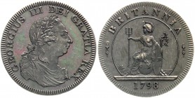 Ausländische Münzen und Medaillen, Großbritannien, George III., 1760-1820
Fantasy Twopence 1798. Brb. r./Britannia sitzt l. Kupfer, 41 mm. Spätere Pr...