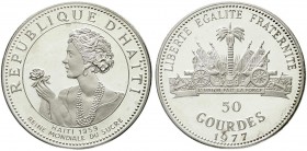 Ausländische Münzen und Medaillen, Haiti
50 Gourdes Silber 1977. 40. Geburtstag von Claudinette Fouchard. 
Polierte Platte, leicht berührt