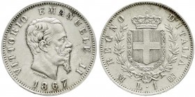 Ausländische Münzen und Medaillen, Italien, Vittorio Emanuele II., 1861-1878
1 Lira 1867 M BN. vorzüglich/Stempelglanz, "Lichtenrader" Prägung