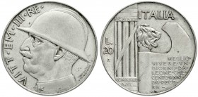 Ausländische Münzen und Medaillen, Italien, Vittorio Emanuele III., 1900-1946
20 Lire 1928. 10 Jahre Ende des Ersten Weltkrieges. 
sehr schön