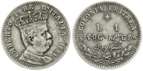 Ausländische Münzen und Medaillen, Italien-Eritrea, Italienische Kolonie, 1890-1936
1 Lira 1891 R. sehr schön