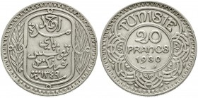 Ausländische Münzen und Medaillen, Tunesien, Ahmad Pasha Bey, 1929-1942
20 Francs 1930. sehr schön, kl. Randfehler