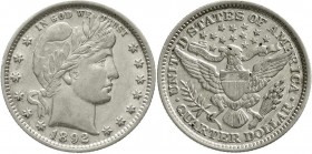 Ausländische Münzen und Medaillen, Vereinigte Staaten von Amerika, Unabhängigkeit, seit 1776
1/4 Dollar Barber 1892. fast Stempelglanz
