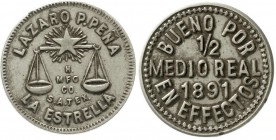 Ausländische Münzen und Medaillen, Vereinigte Staaten von Amerika, Merchant-Tokens
Texas: 1/2 Real 1891. Lazaro P. Pena La Estrella. 
sehr schön