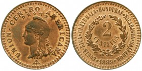Ausländische Münzen und Medaillen, Zentralamerikanische Republik
ESSAI in Bronze zu 2 Centavos 1889. UNION-CENTRO-AMERICANA der Staatengemeinschaft C...