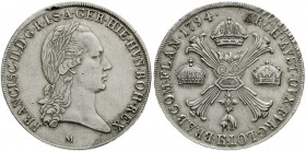 Römisch Deutsches Reich, Haus Habsburg, Franz II.(I.), 1792-1835
Kronentaler 1794 M Mailand. sehr schön, justiert