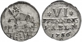 Altdeutsche Münzen und Medaillen, Anhalt-Bernburg, Victor Friedrich, 1721-1765
6 Pfennig 1756. vorzüglich/Stempelglanz