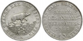 Altdeutsche Münzen und Medaillen, Anhalt-Bernburg, Alexander Carl, 1834-1863
Ausbeutetaler 1861 A. vorzüglich