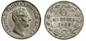 Altdeutsche Münzen und Medaillen, Baden-Durlach, Leopold, 1830-1852
6 Kreuzer 1836 fast Stempelglanz, Prachtexemplar