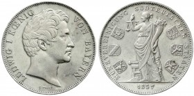Altdeutsche Münzen und Medaillen, Bayern, Ludwig I., 1825-1848
Geschichtsdoppeltaler 1837. Münzvereinigung Südteutscher Staaten. 
fast vorzüglich, b...